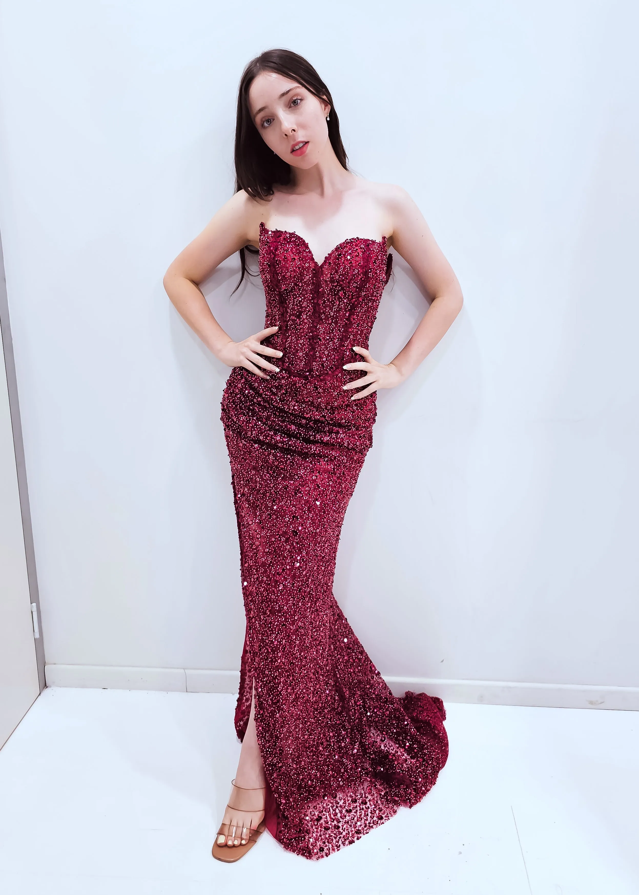 Maroon beaded wavy neck strapless corset dress