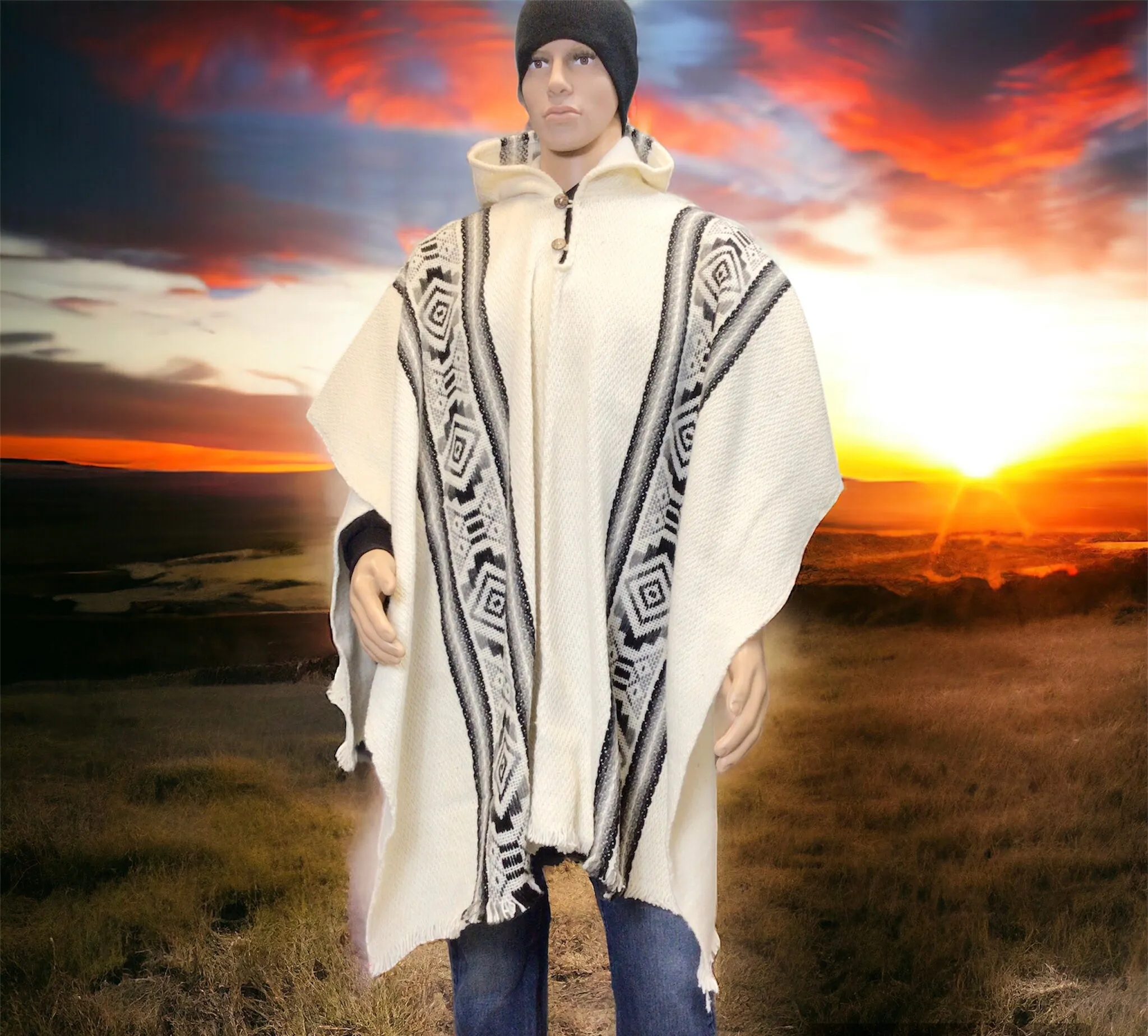 Mens Indigenous white fair trade poncho