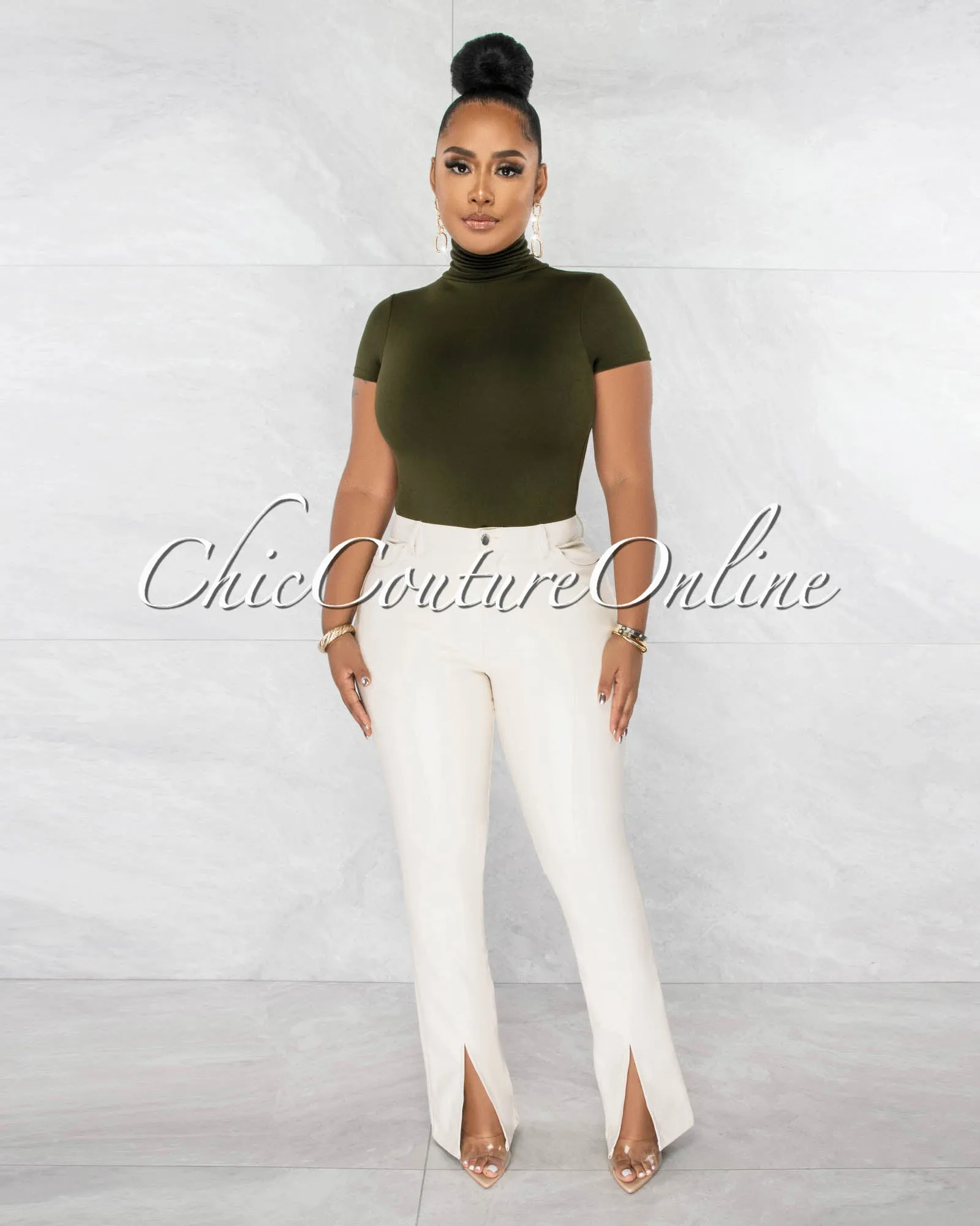 Merlyse Olive Green Mock Neckline Short Sleeves Bodysuit