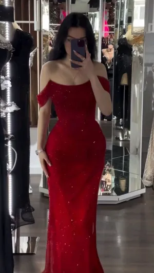 Mermaid Red Off The Shoulder Long Prom Formal Dress     fg5943