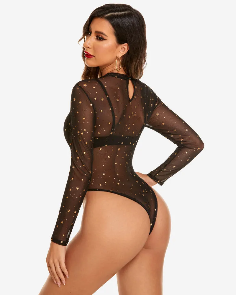 Mesh Snap Crotch Sheer Bodysuit