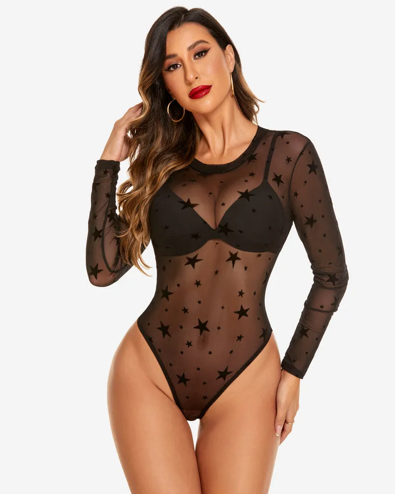 Mesh Snap Crotch Sheer Bodysuit