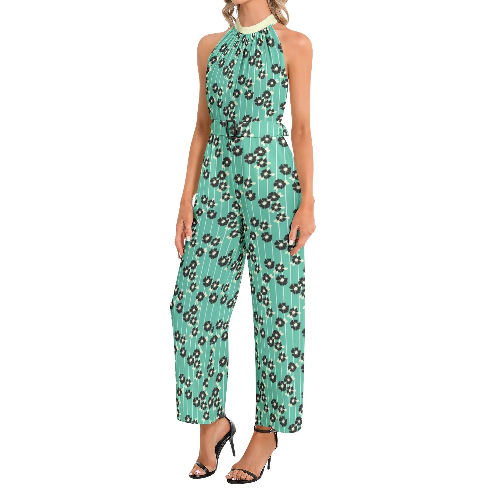 Mint Green Silhouette Garden Halter Neck Buckle Belted Jumpsuit