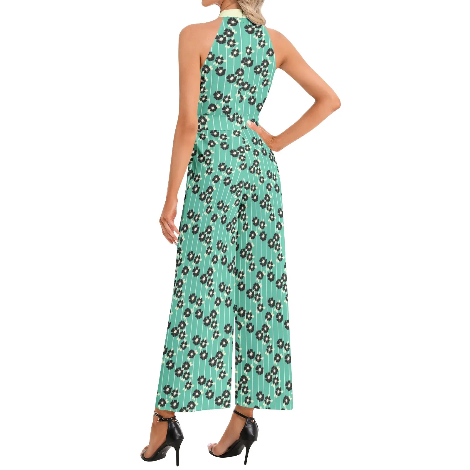 Mint Green Silhouette Garden Halter Neck Buckle Belted Jumpsuit