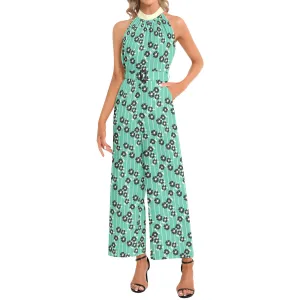 Mint Green Silhouette Garden Halter Neck Buckle Belted Jumpsuit