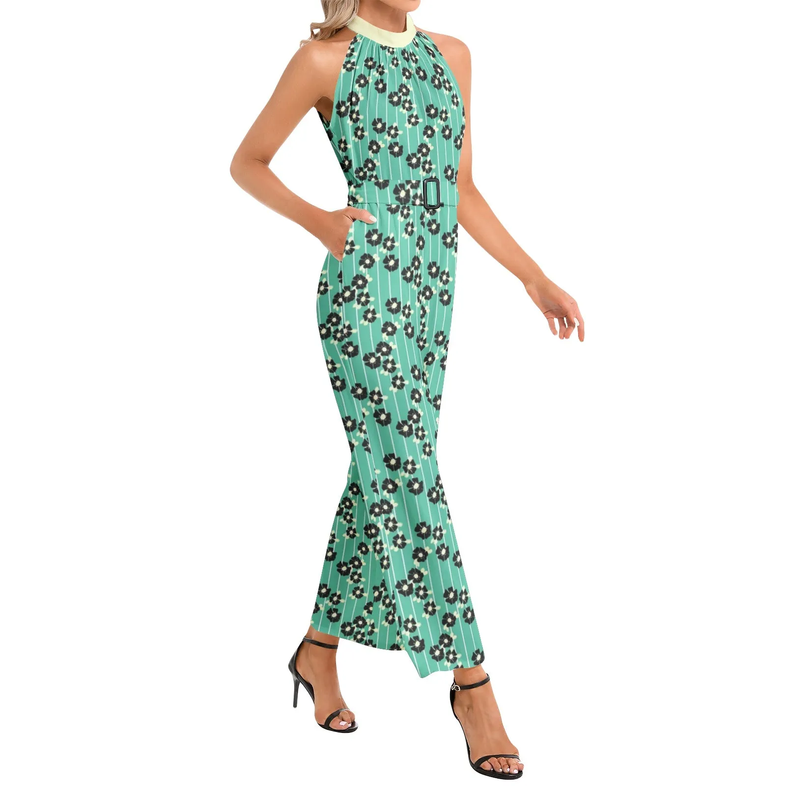 Mint Green Silhouette Garden Halter Neck Buckle Belted Jumpsuit