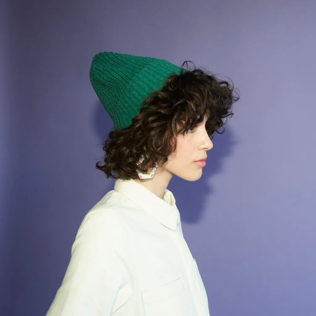 Miss Pompom Green Wool-Ribbed Beanie