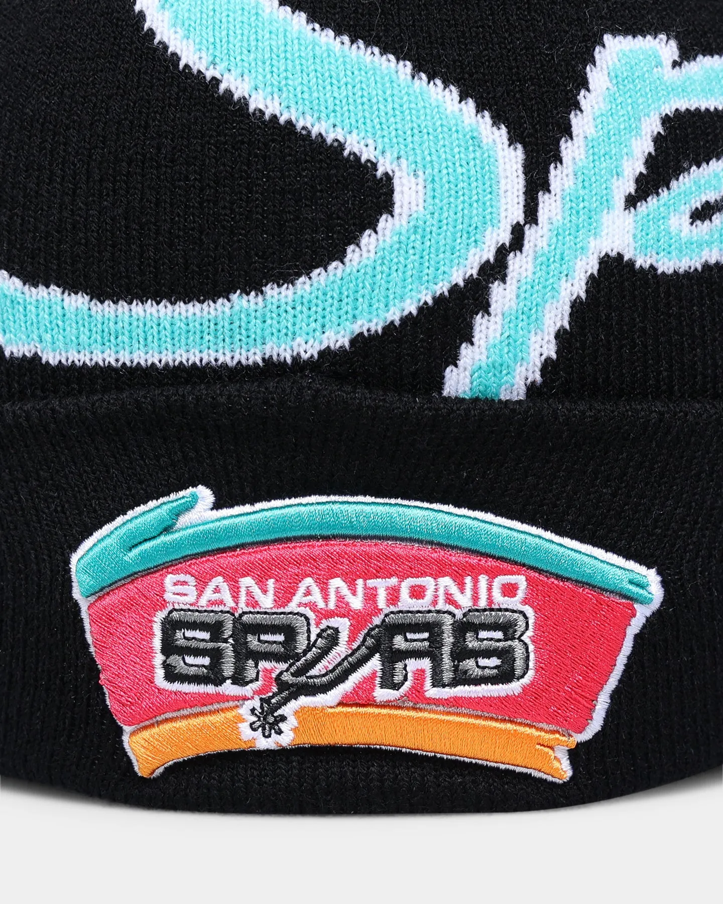 Mitchell & Ness San Antonio Spurs Script Burst Pom Beanie Black