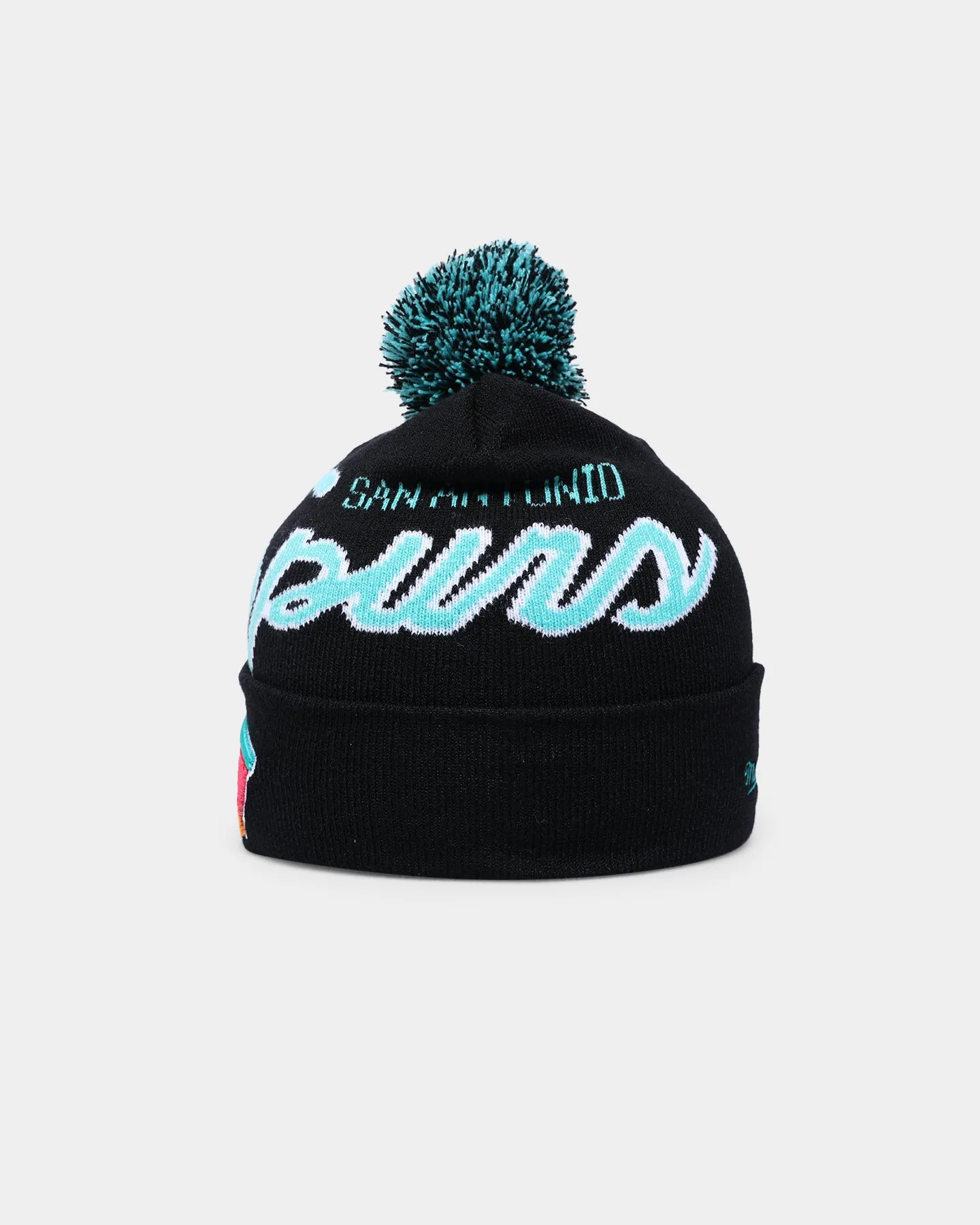 Mitchell & Ness San Antonio Spurs Script Burst Pom Beanie Black