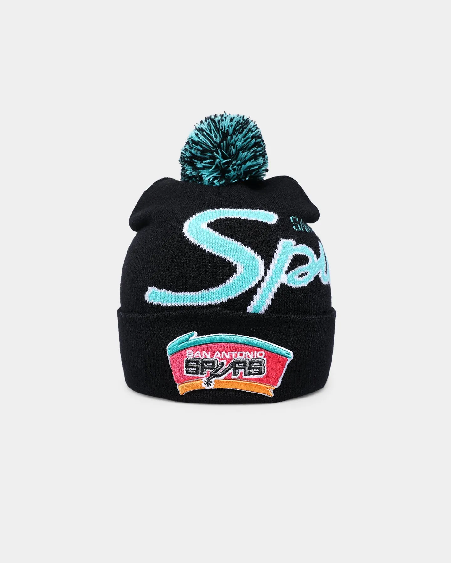 Mitchell & Ness San Antonio Spurs Script Burst Pom Beanie Black