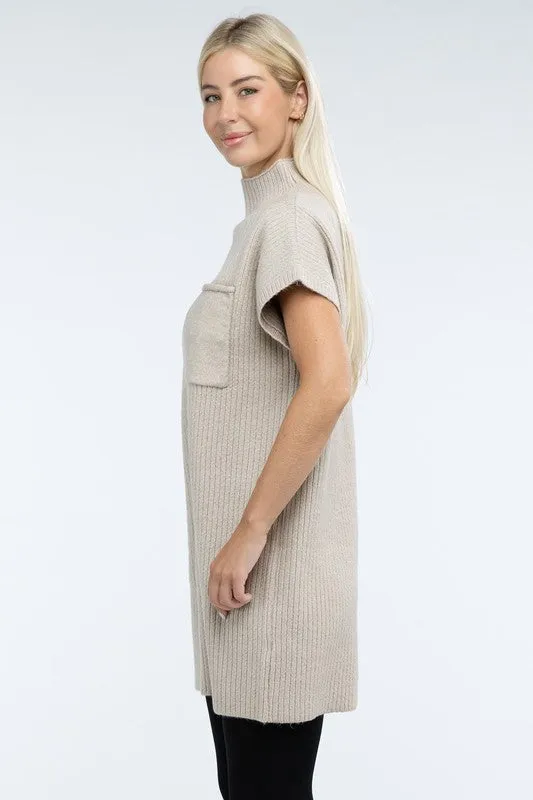 Mock Neck Short Sleeve Sweater Dress with Pocket