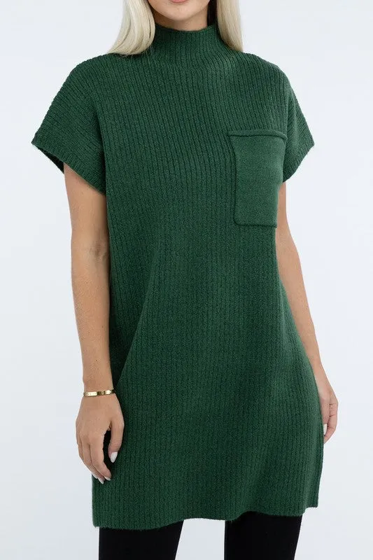 Mock Neck Short Sleeve Sweater Dress with Pocket