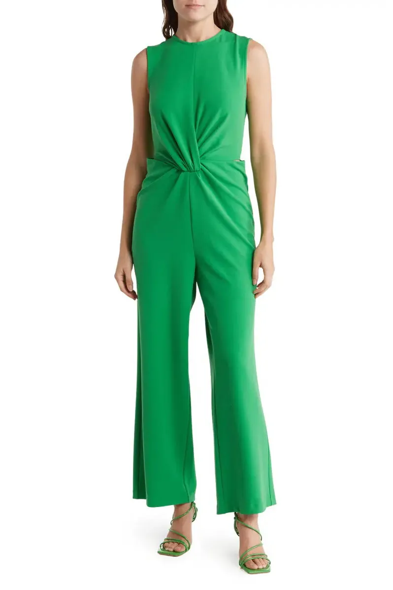 Nicole Miller round neck sleeveless zipper closure twist front solid stretch crepe jumpsuit