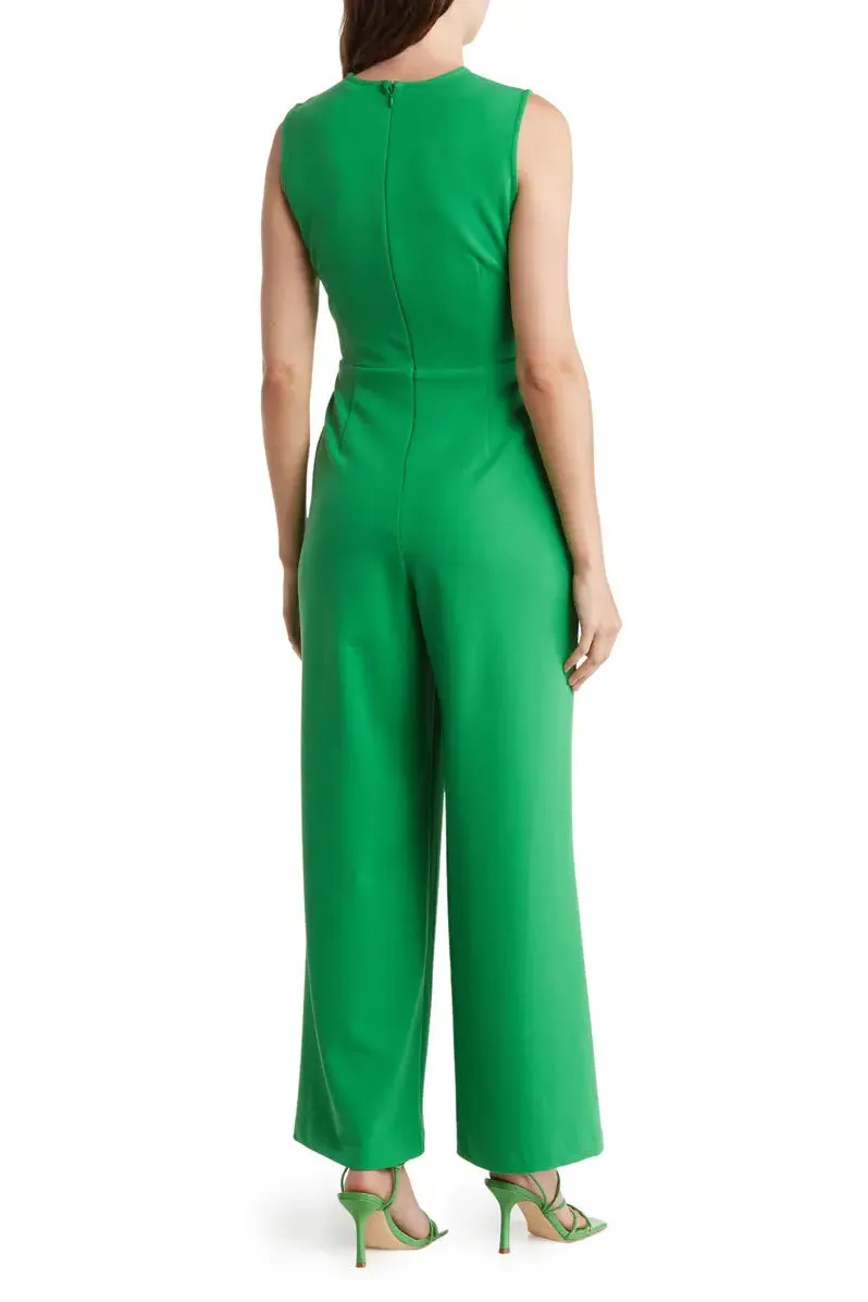 Nicole Miller round neck sleeveless zipper closure twist front solid stretch crepe jumpsuit