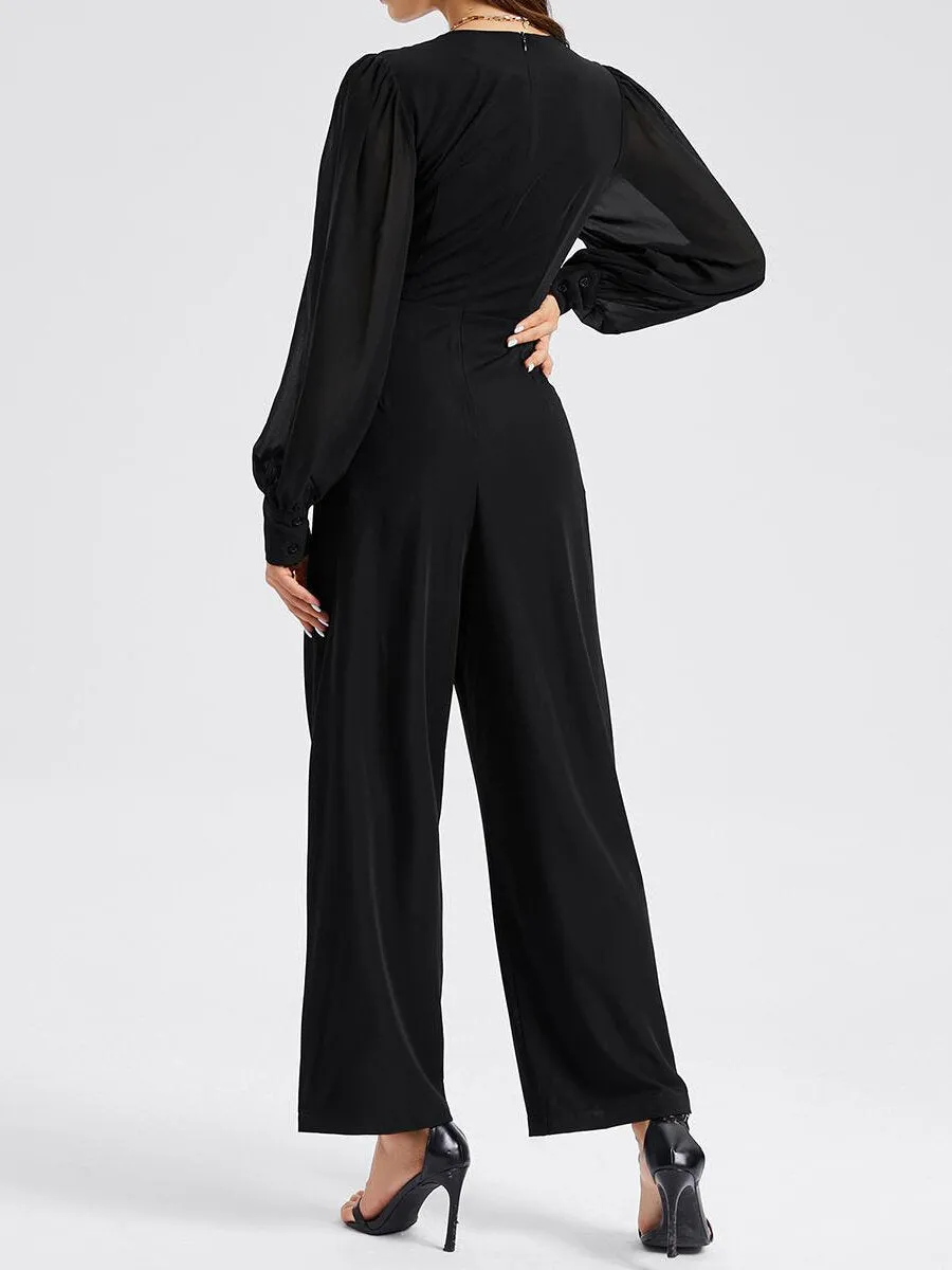 OL Sheer Lapel Neck Straight Leg Jumpsuit