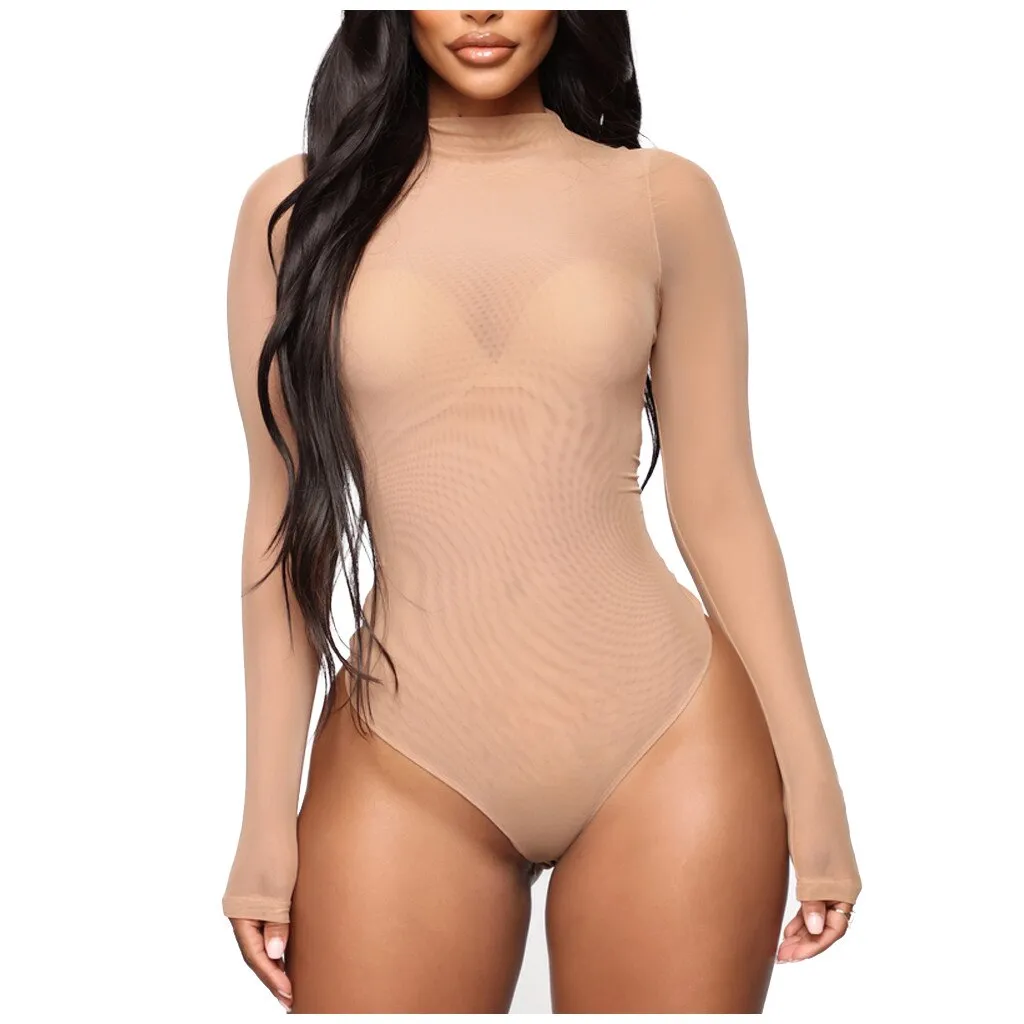 One Piece Lace Mesh Sexy Lingerie Long Sleeve Bodysuit