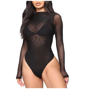 One Piece Lace Mesh Sexy Lingerie Long Sleeve Bodysuit