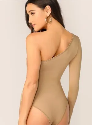 One Shoulder Form Fitting Stretch Bodysuit - Khaki