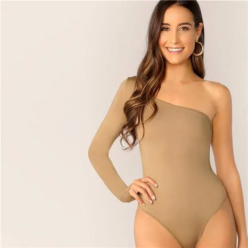 One Shoulder Form Fitting Stretch Bodysuit - Khaki