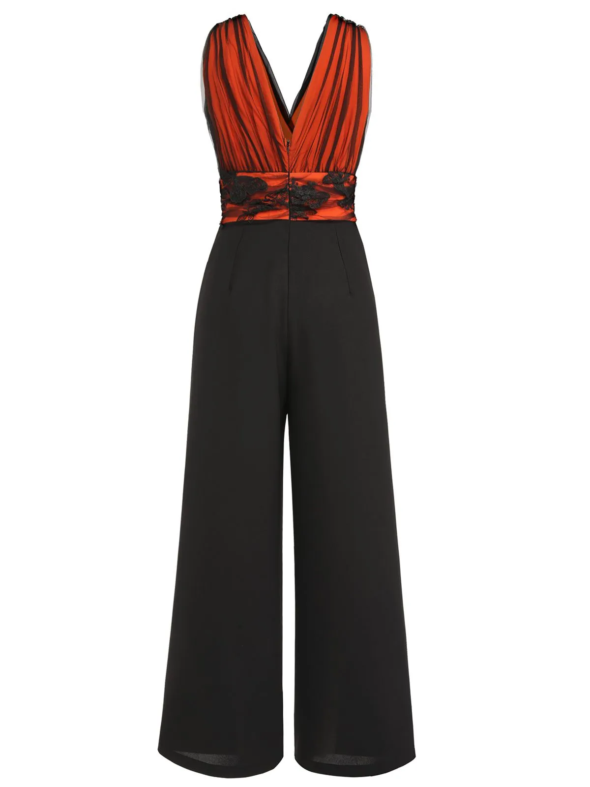 Orange 1930s Butterfly V-Neck Patchwork Jumpsuit