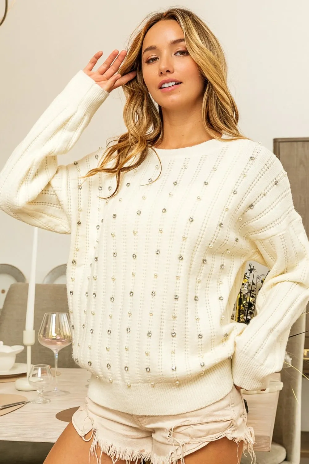 Pearl & Rhinestone Long Sleeve Sweater