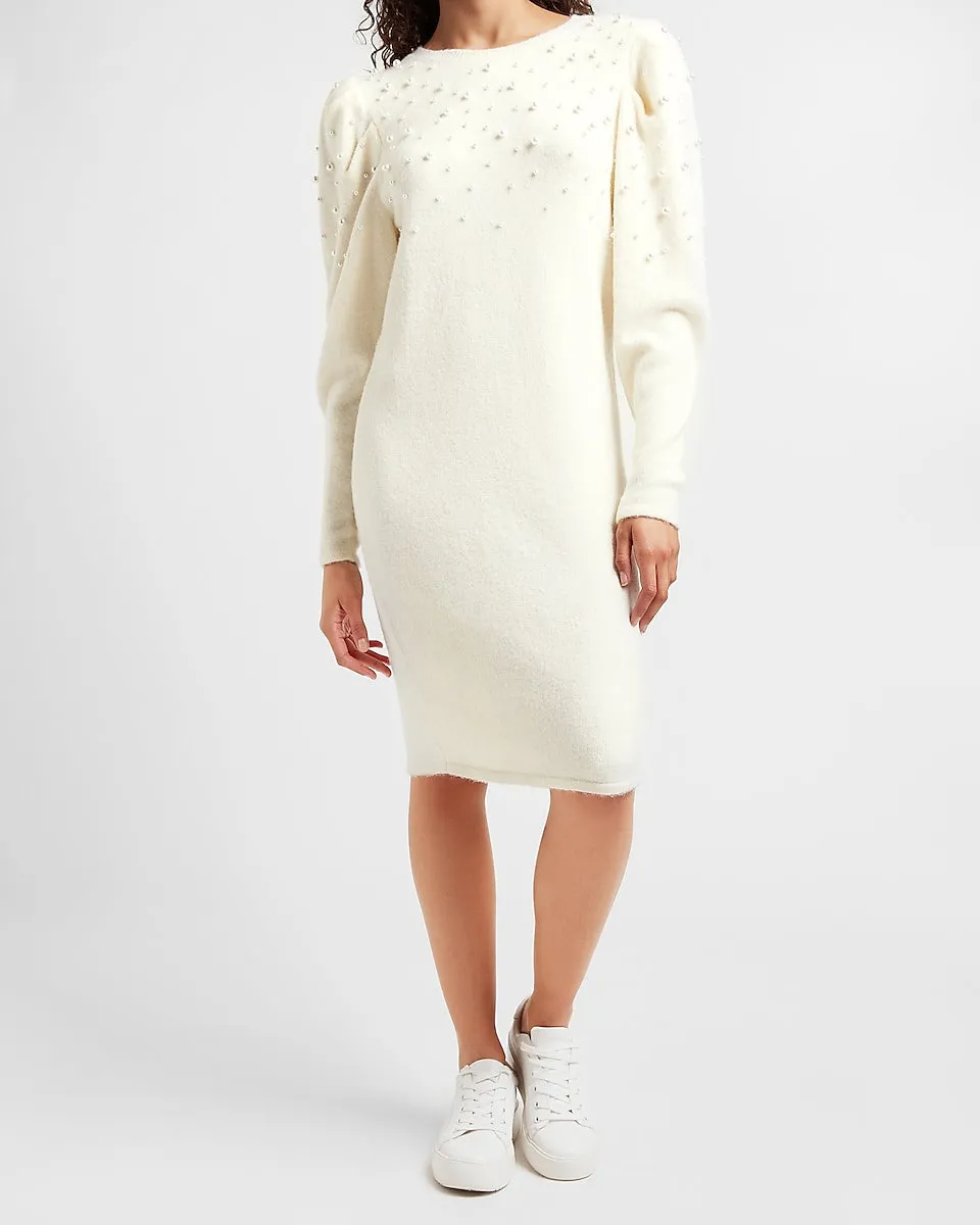 Pearl Embellished Puff Sleeve Sweater Dress in Swan