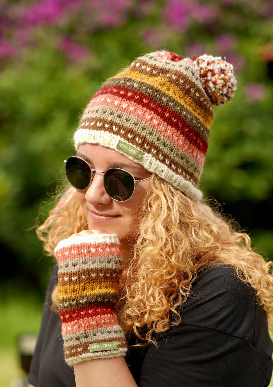 Pink and White Multicolored Hearshaped Pattern Sherpa Pom Pom Beanie