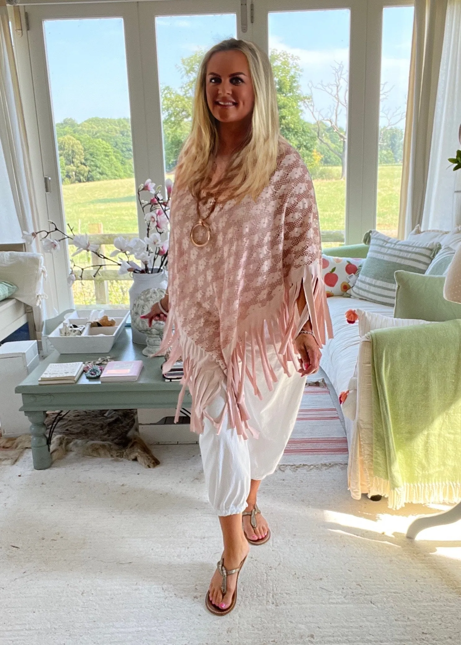 Pink Fringe Lace Poncho