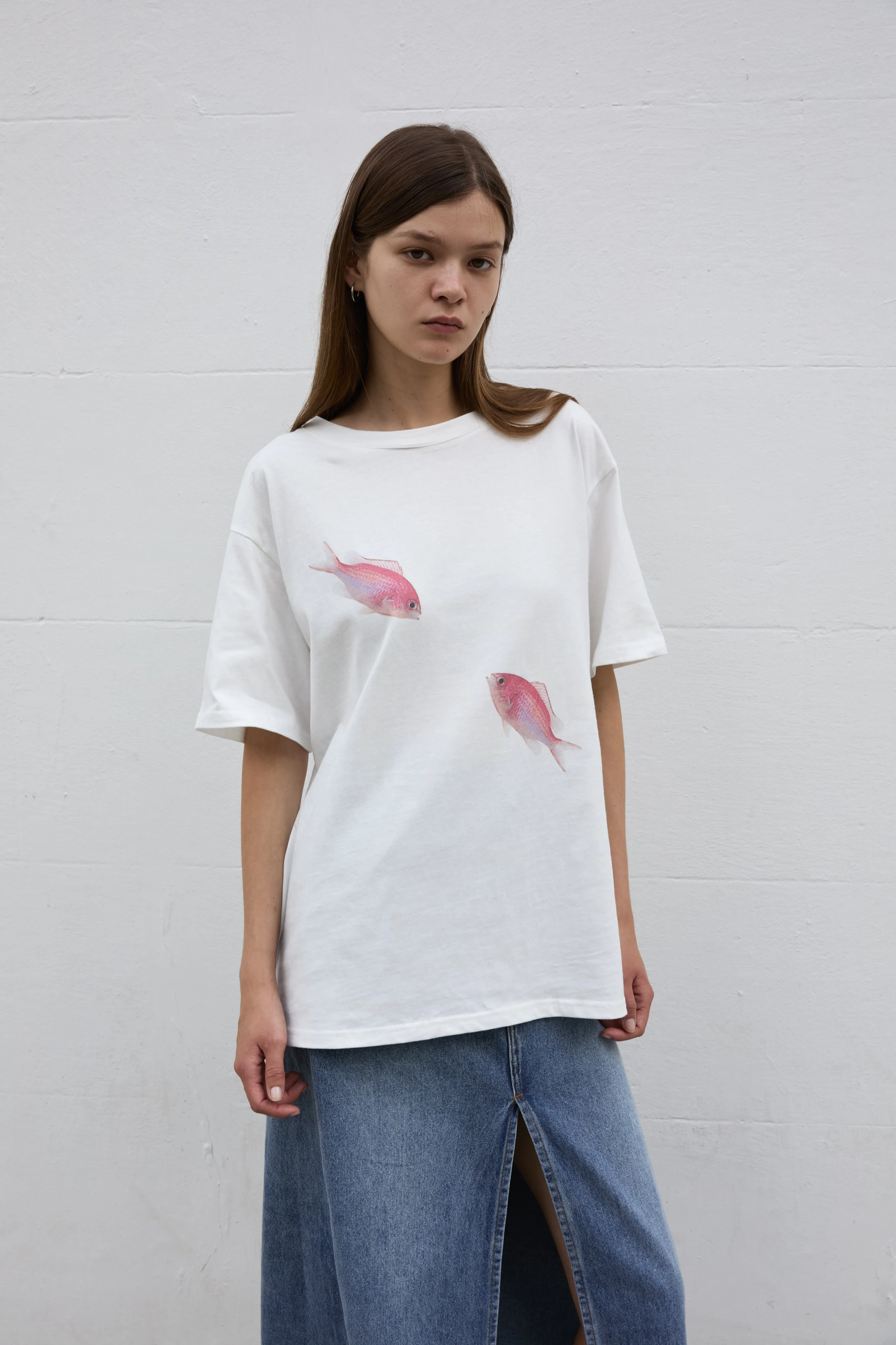 Pink Maomao Fish Duo Print Unisex T-Shirt in White