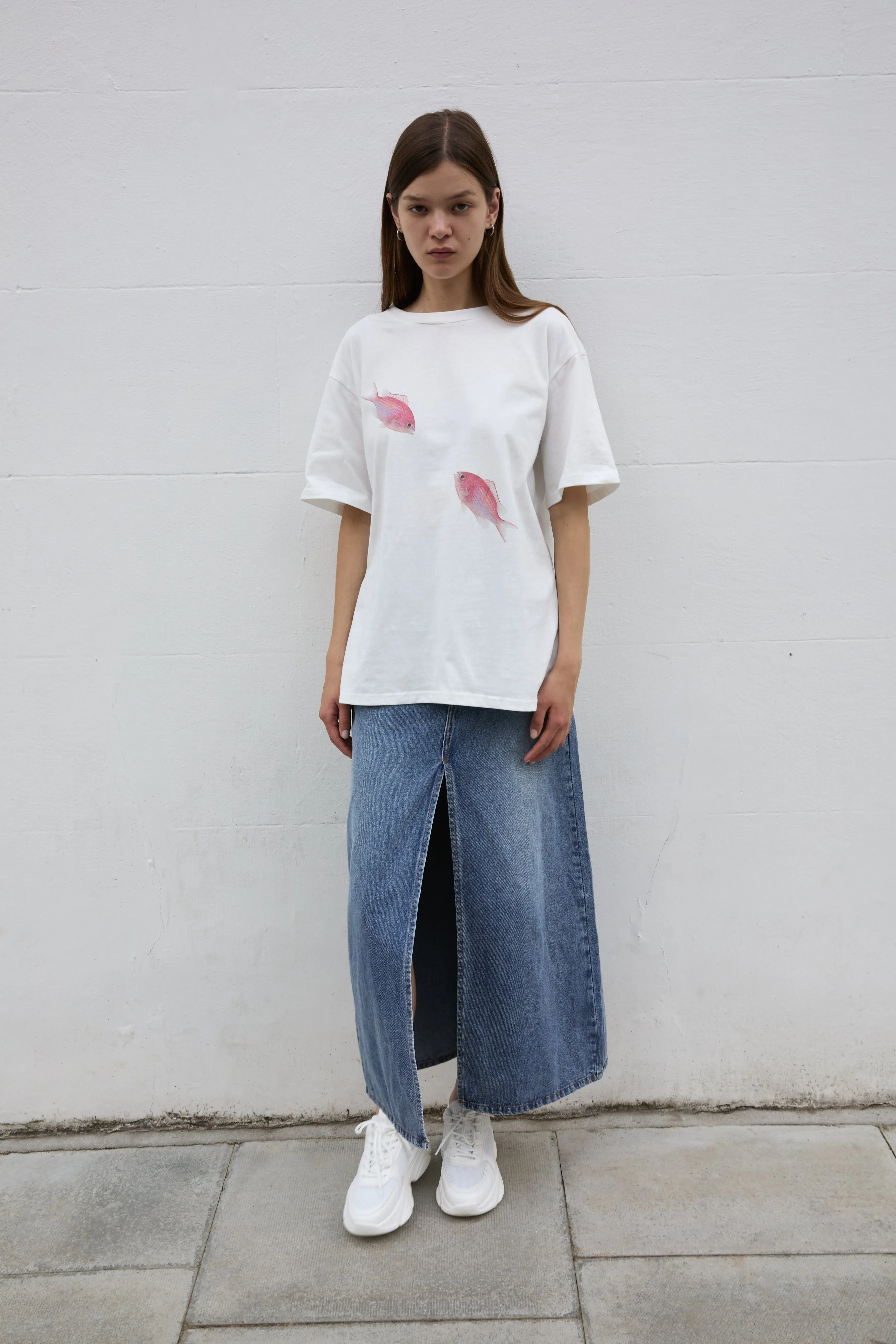 Pink Maomao Fish Duo Print Unisex T-Shirt in White