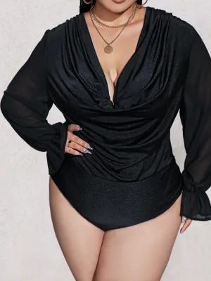 Plus Size Bodysuit Sexy Plunge Long Sleeve Black Women's Top KESLEY