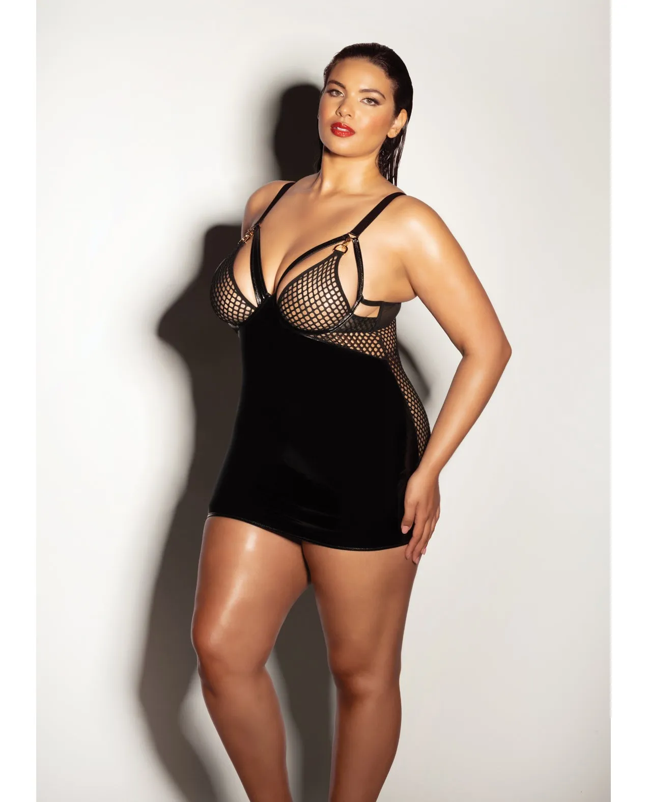 Plus Size FETISH Fishnet & Vinyl Fitted Babydoll