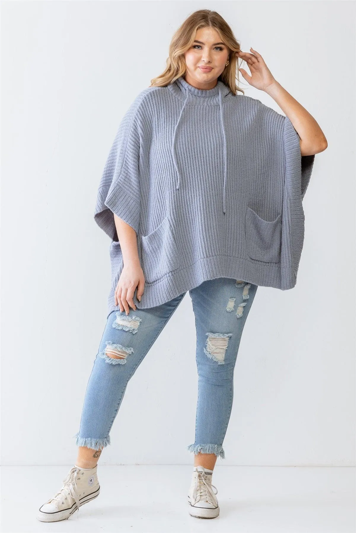 Plus Size Knit Two Pocket Hooded Poncho /3-2-1