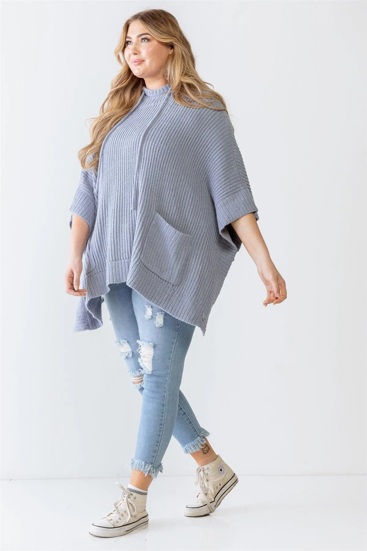 Plus Size Knit Two Pocket Hooded Poncho /3-2-1