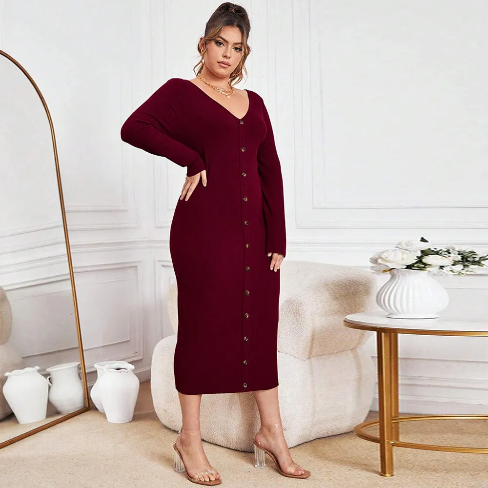 Plus Size Sexy Knitted V neck Maxi Dress