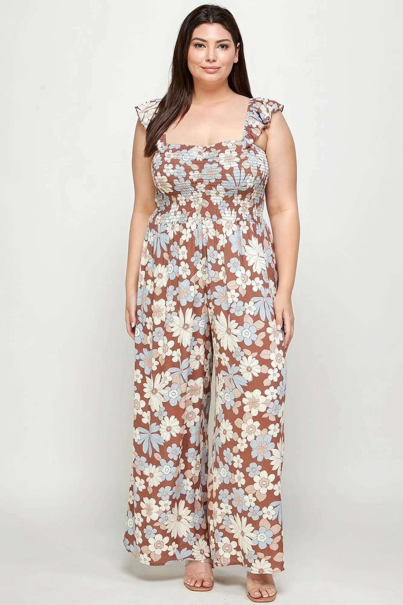 Print Smocked Women's Voluptuous ( ) Plus Size Floral Jumpsuit