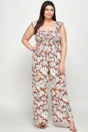 Print Smocked Women's Voluptuous ( ) Plus Size Floral Jumpsuit