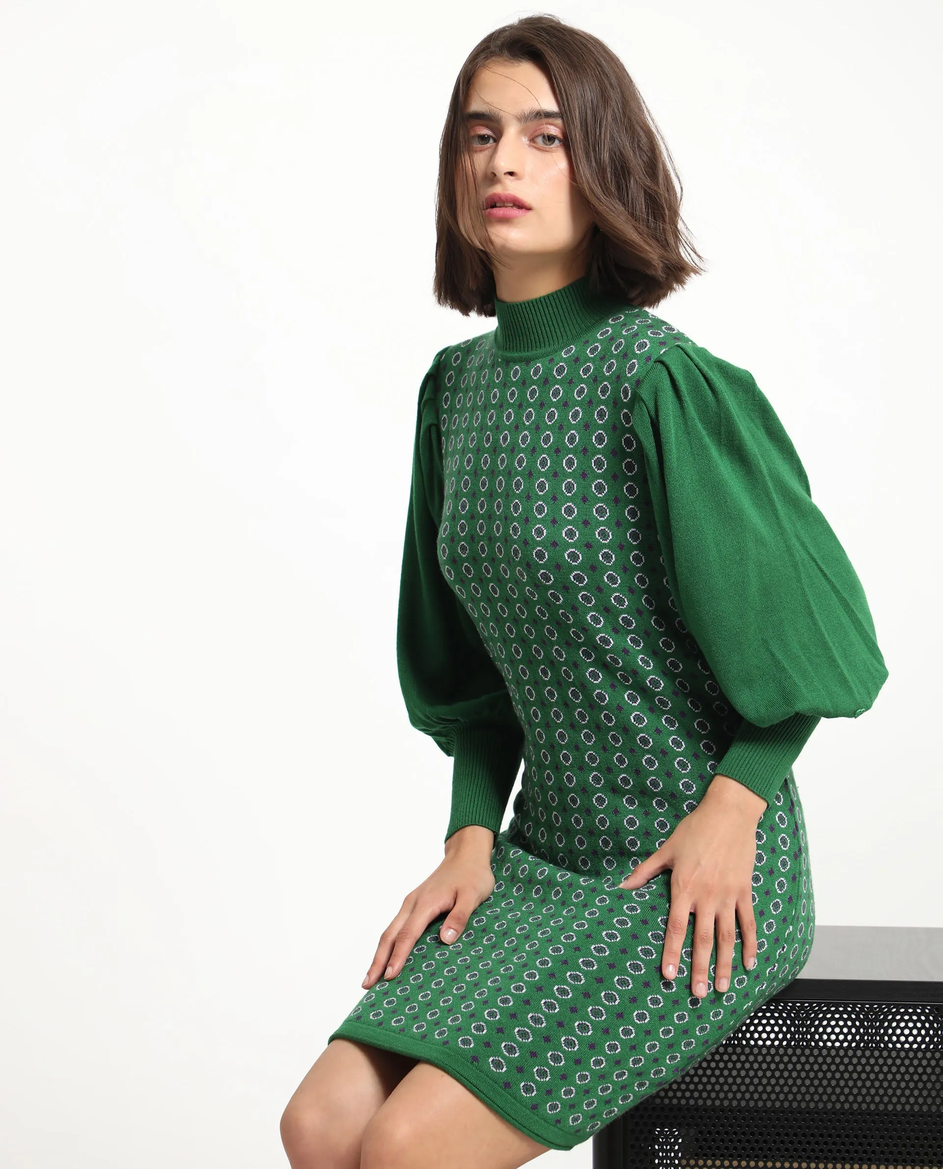 Rareism Women Web 2 Green Acrylic Fabric Full Sleeves High Neck Bishop Sleeve Regular Fit Geometric Print Knee Length Sweater