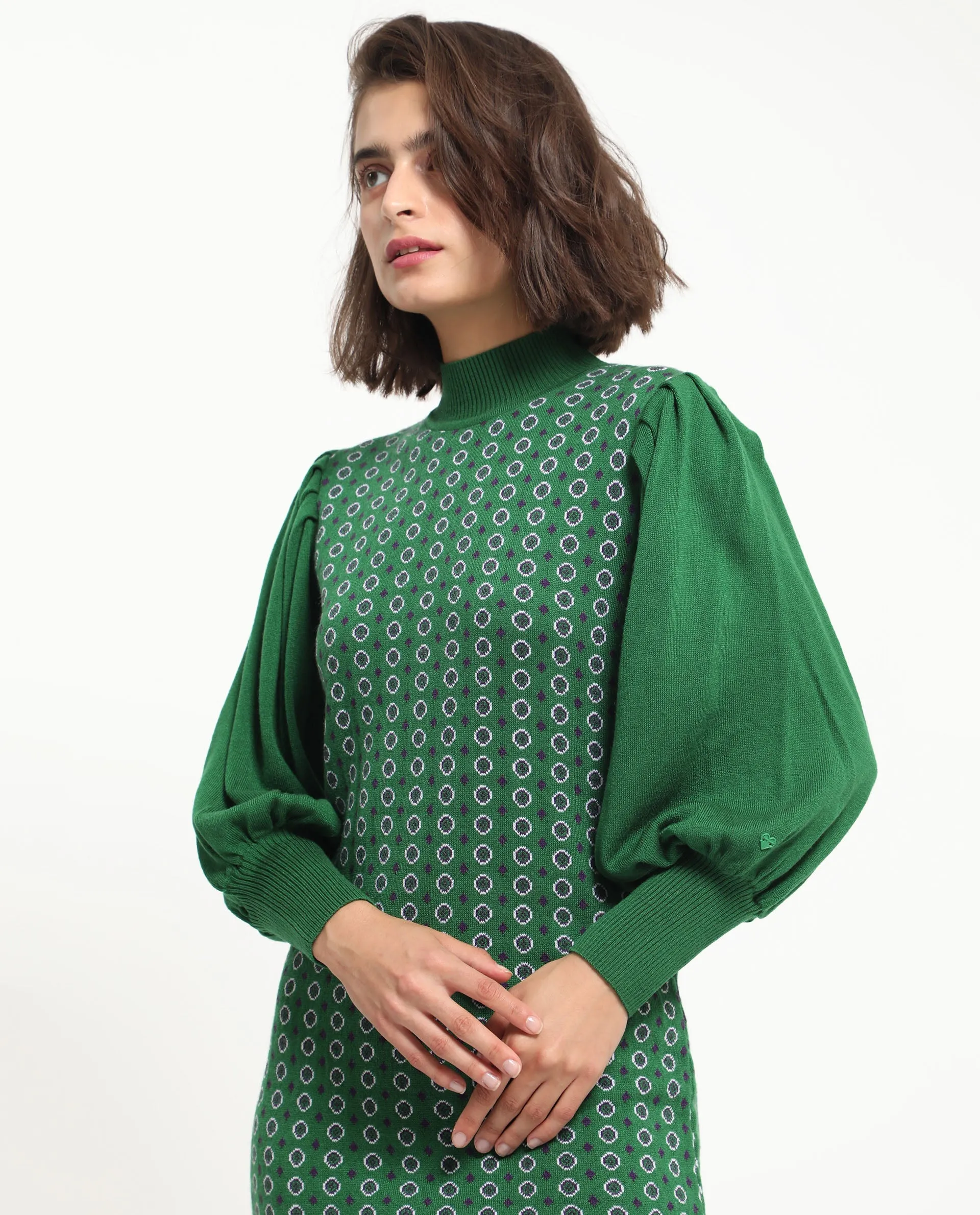 Rareism Women Web 2 Green Acrylic Fabric Full Sleeves High Neck Bishop Sleeve Regular Fit Geometric Print Knee Length Sweater