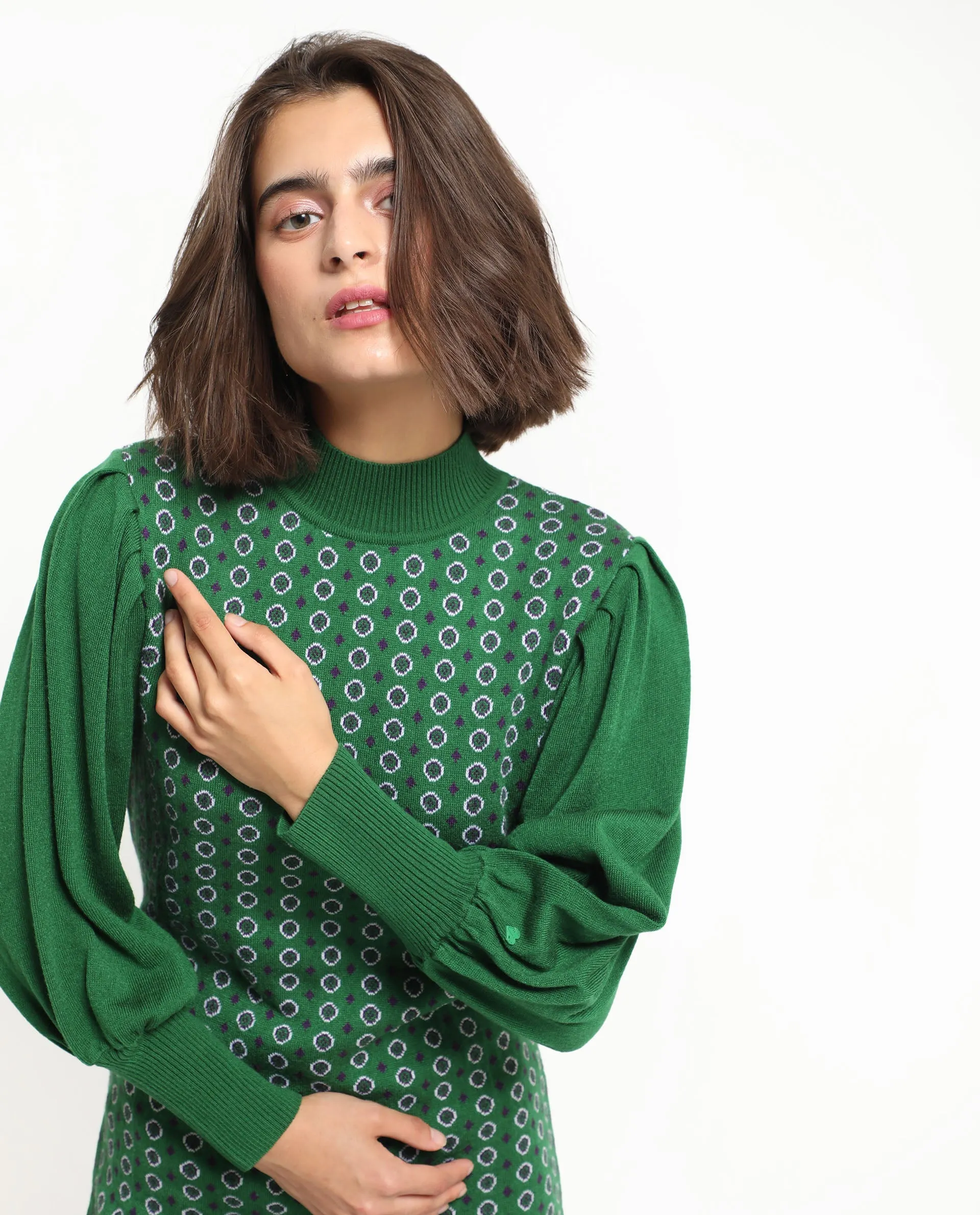 Rareism Women Web 2 Green Acrylic Fabric Full Sleeves High Neck Bishop Sleeve Regular Fit Geometric Print Knee Length Sweater