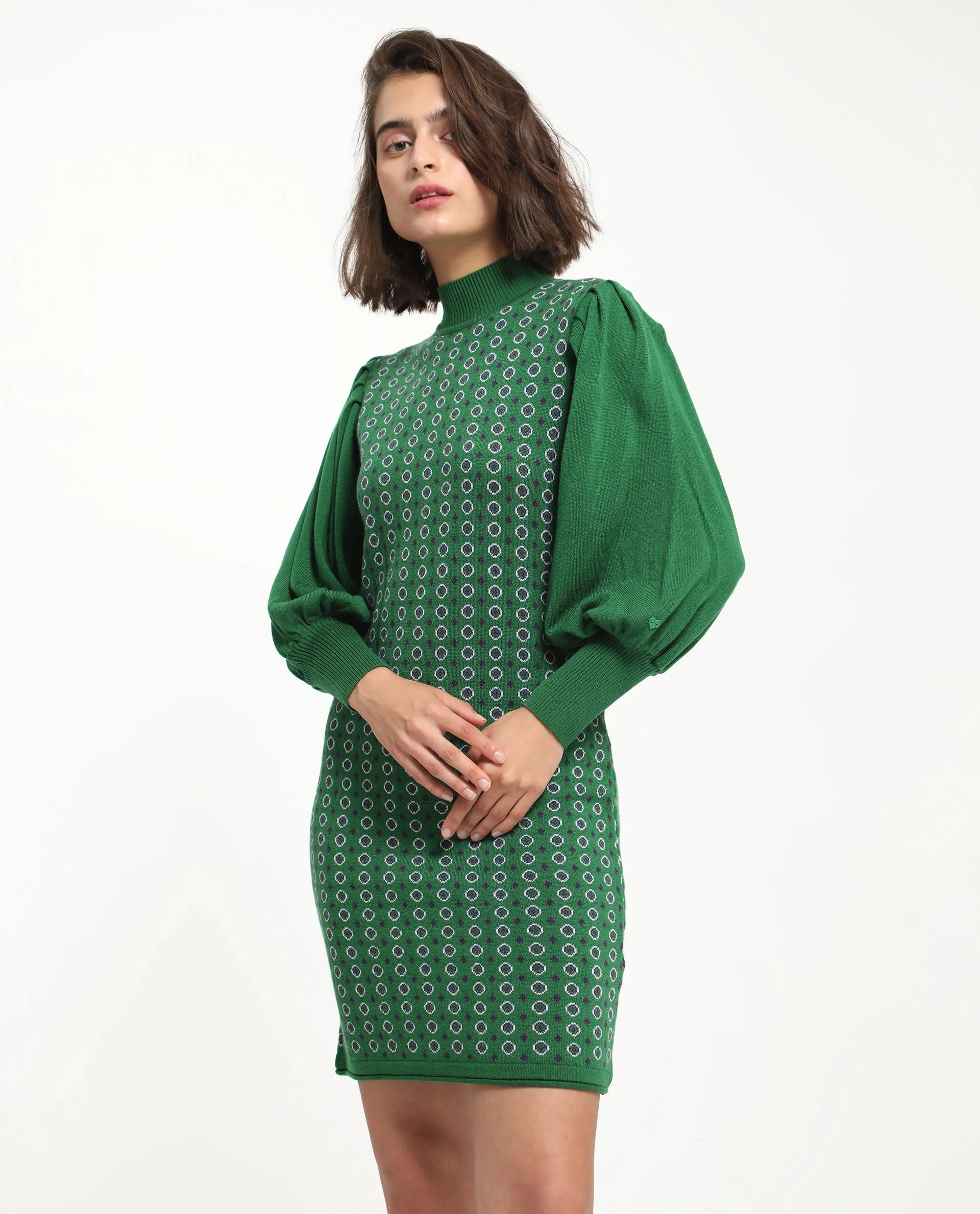 Rareism Women Web 2 Green Acrylic Fabric Full Sleeves High Neck Bishop Sleeve Regular Fit Geometric Print Knee Length Sweater