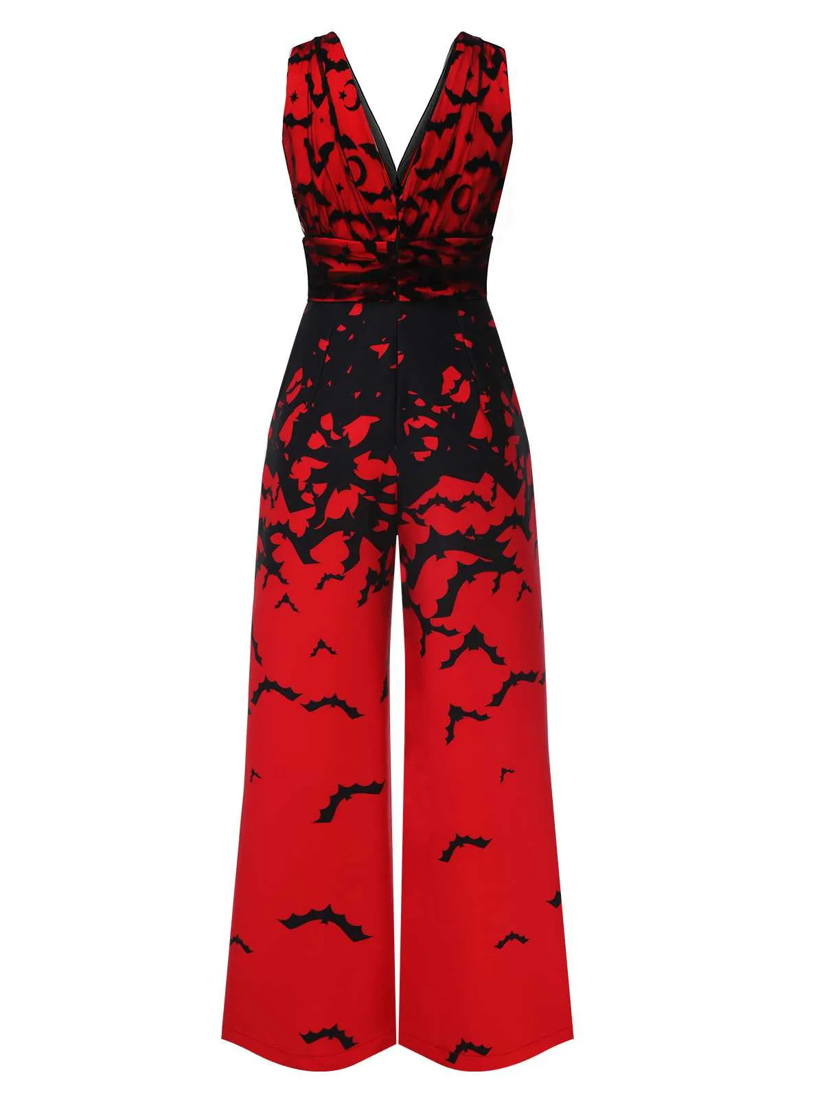 Red 1930s Halloween V-Neck Bat Jumpsuit