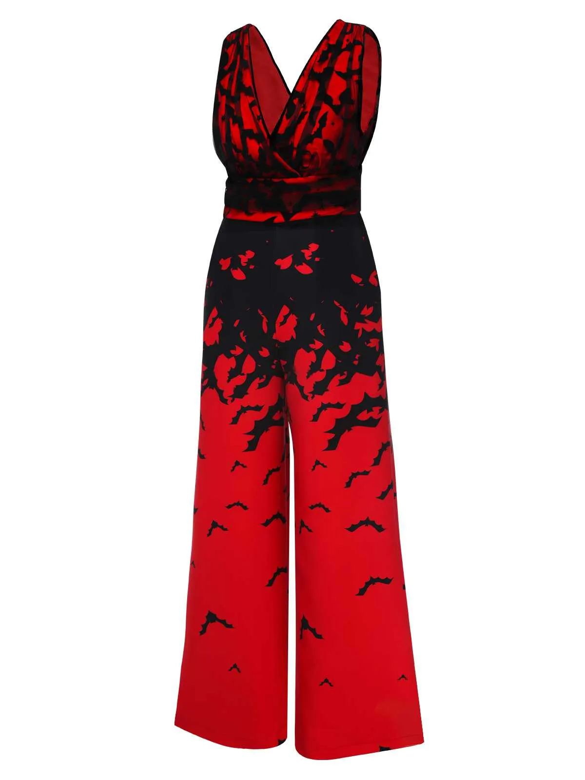 Red 1930s Halloween V-Neck Bat Jumpsuit