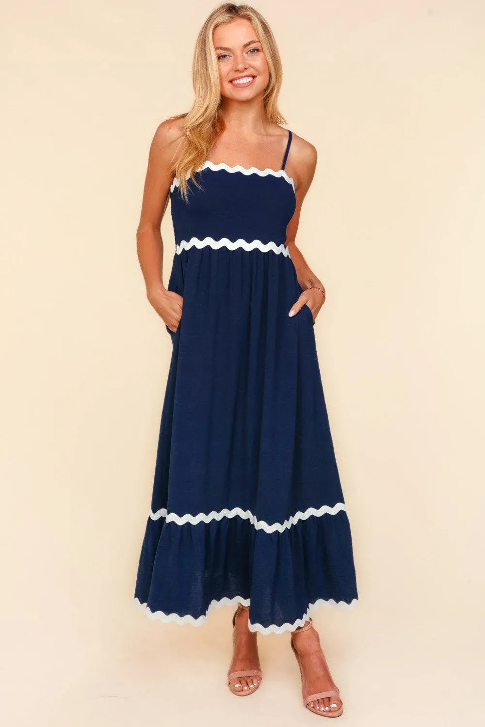 Ric Rac Square Neck Fit and Flare Maxi Dress