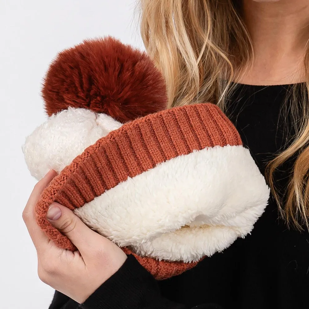 Rust Cuffed Sherpa Beanie with Faux Fur Pom