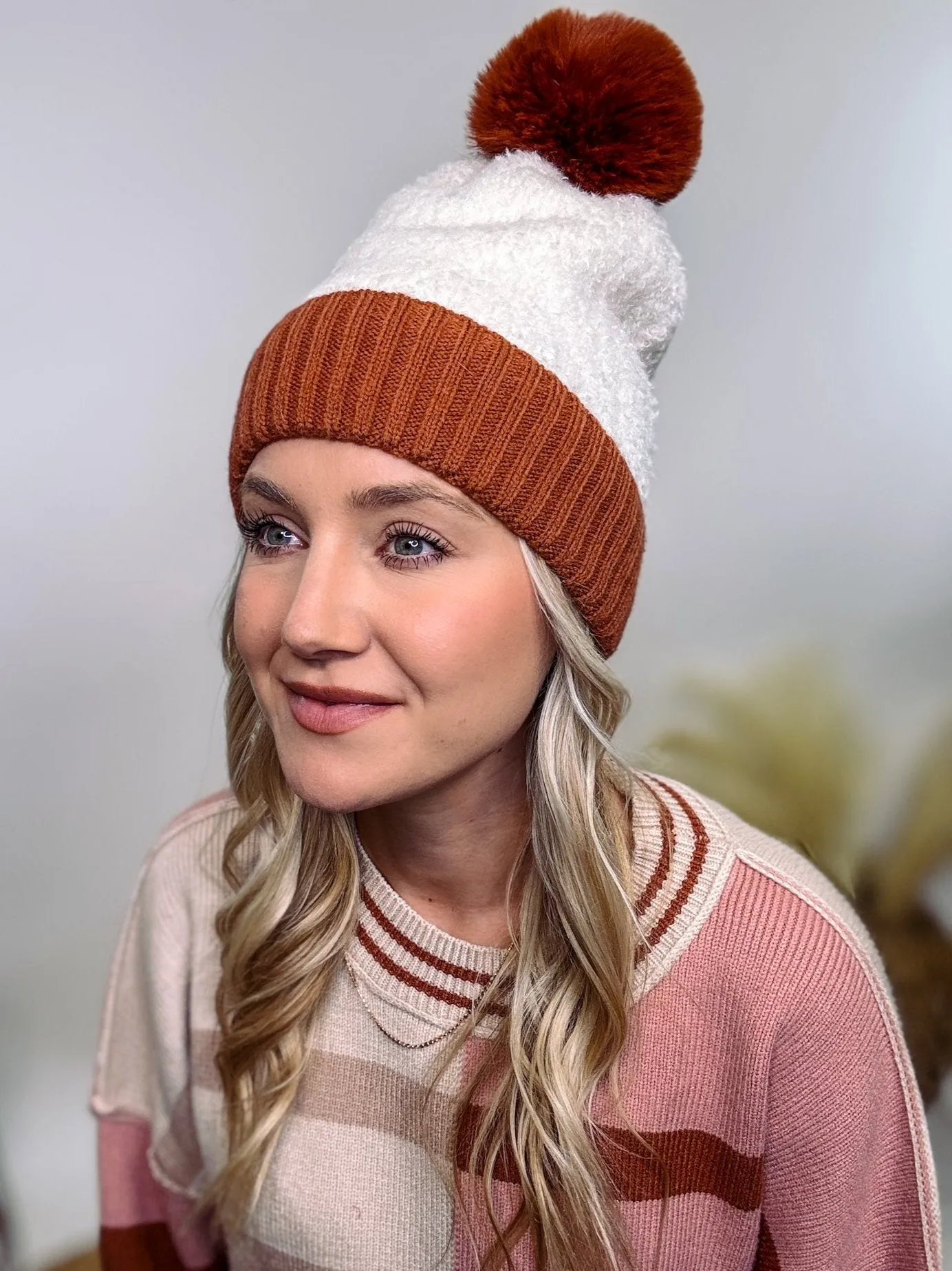 Rust Cuffed Sherpa Beanie with Faux Fur Pom