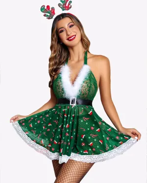 Santa Lace Halter Babydoll with Garter Belt