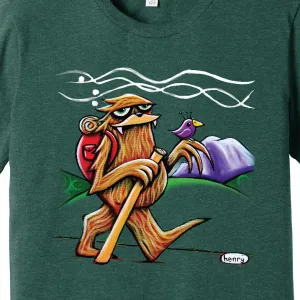 Sasquatch Hiking Unisex Heathered Green T-Shirt | Wearable Art by Seattle Mural Artist Ryan "Henry" Ward