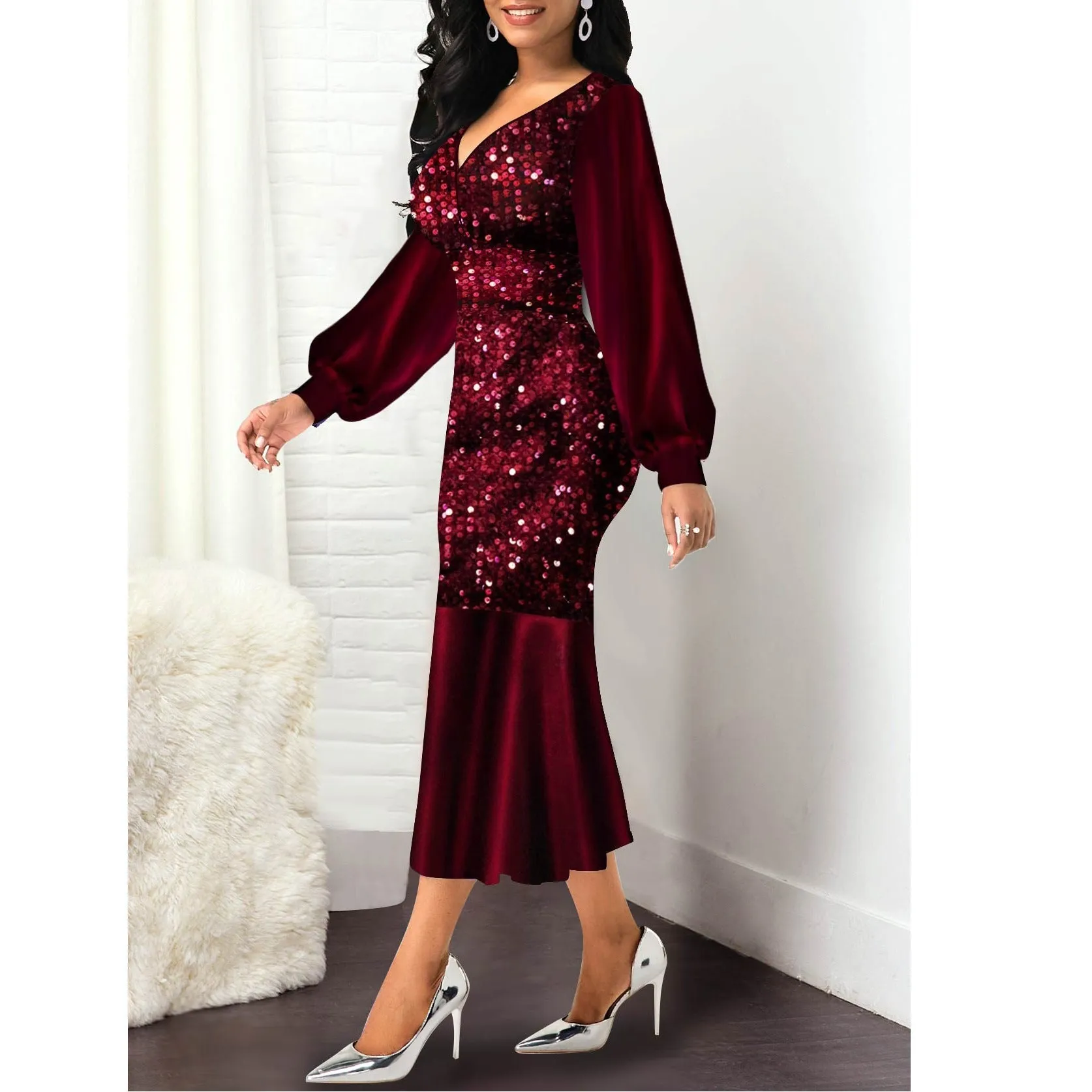 Sequins shining v neck wrap mermaid midi dress | Fall winter long sleves evening party dress