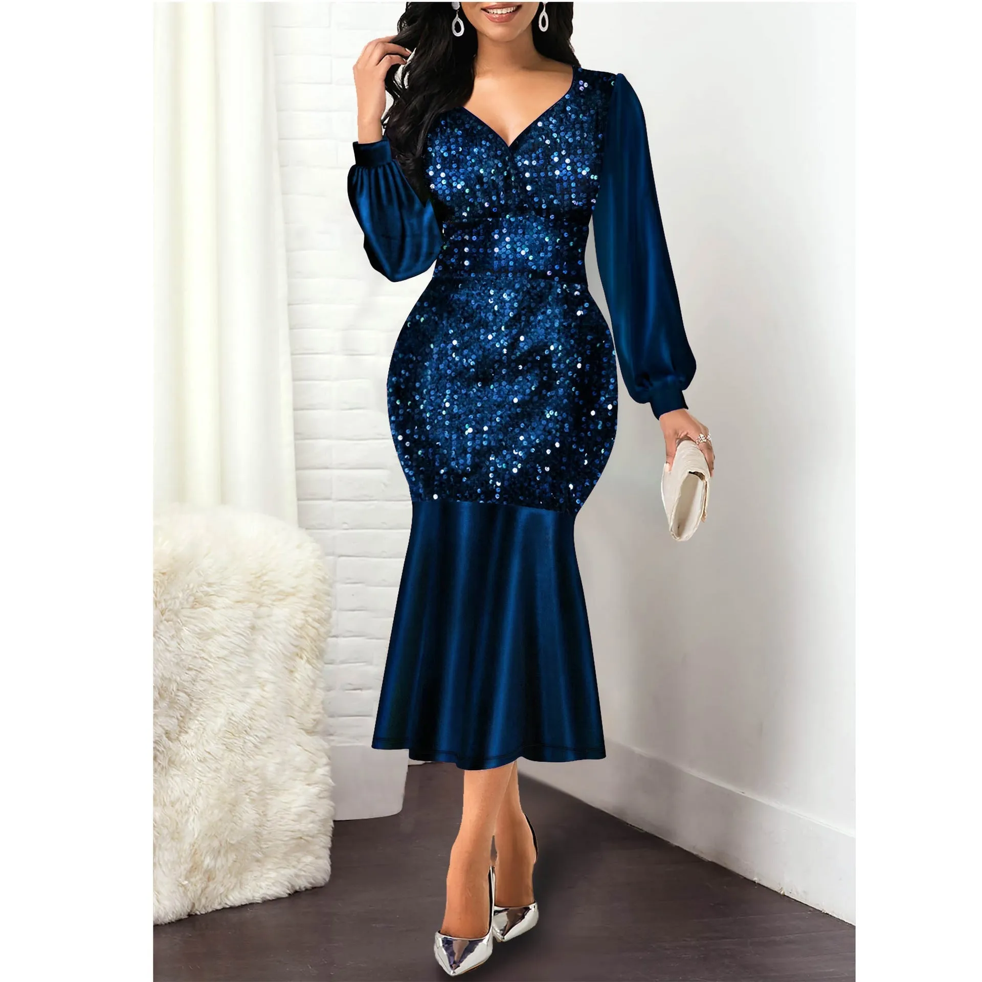 Sequins shining v neck wrap mermaid midi dress | Fall winter long sleves evening party dress